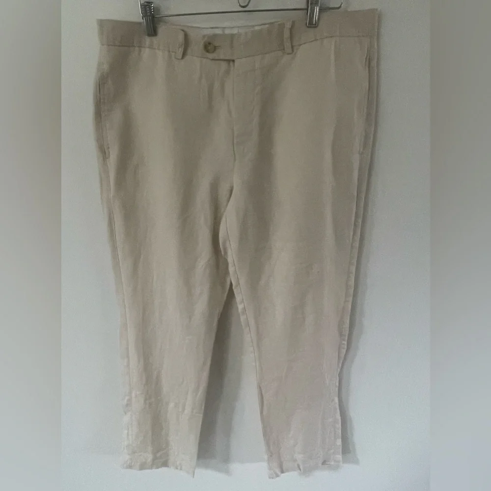 Tailorbyrd Mens 100% Linen Beige 38x32 Relaxed Fit Flat Front Pants